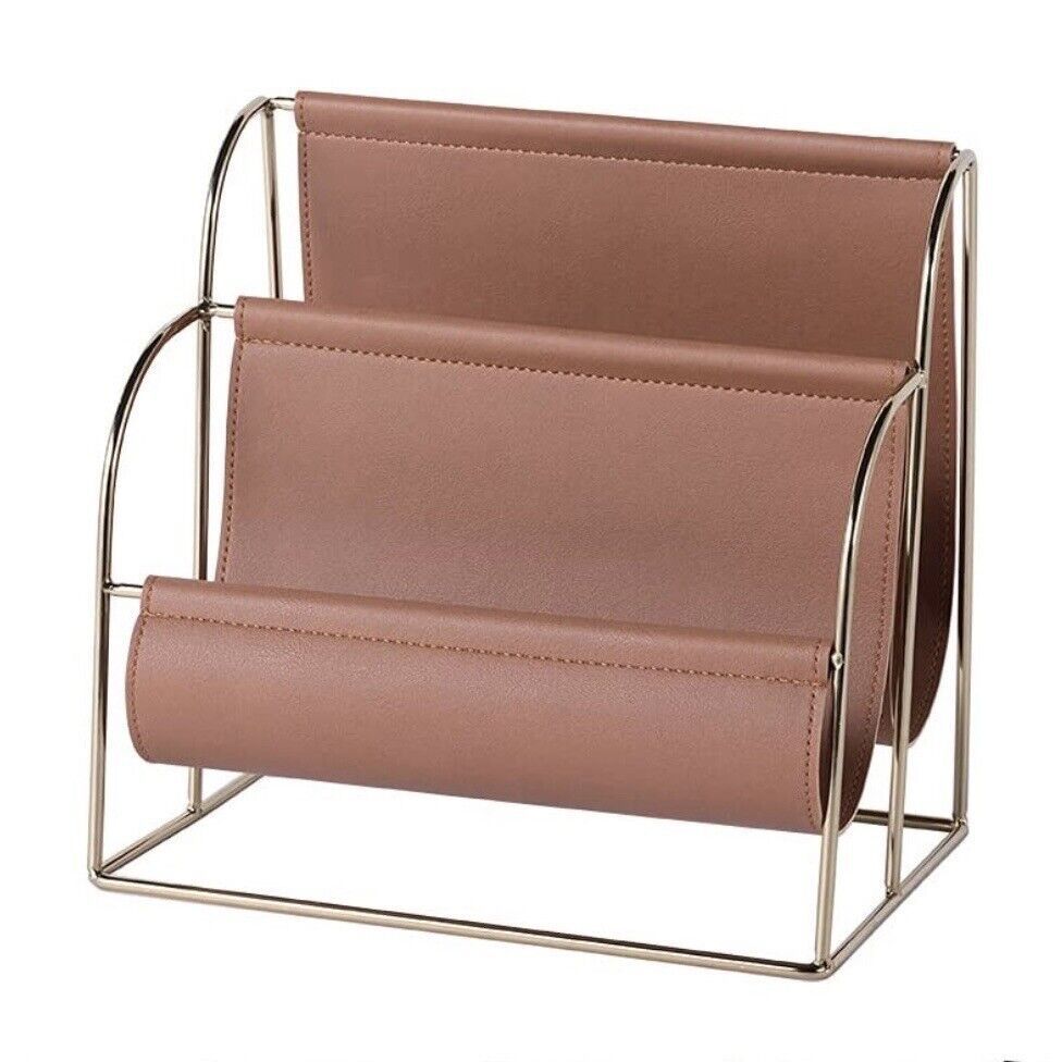 Free Standing Metal Camel Brown Leather Magazine Holder 2 Shelf Metal Magazine Rack Luxury Design File Documents Organizer