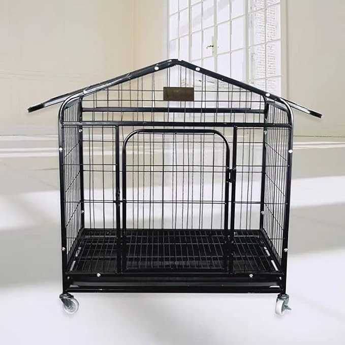 Metal Dog Kennel Indoor Hut Shape Heavy Duty Dog Crate for Medium and Small Pets Cage with Trays and Lock Front Open