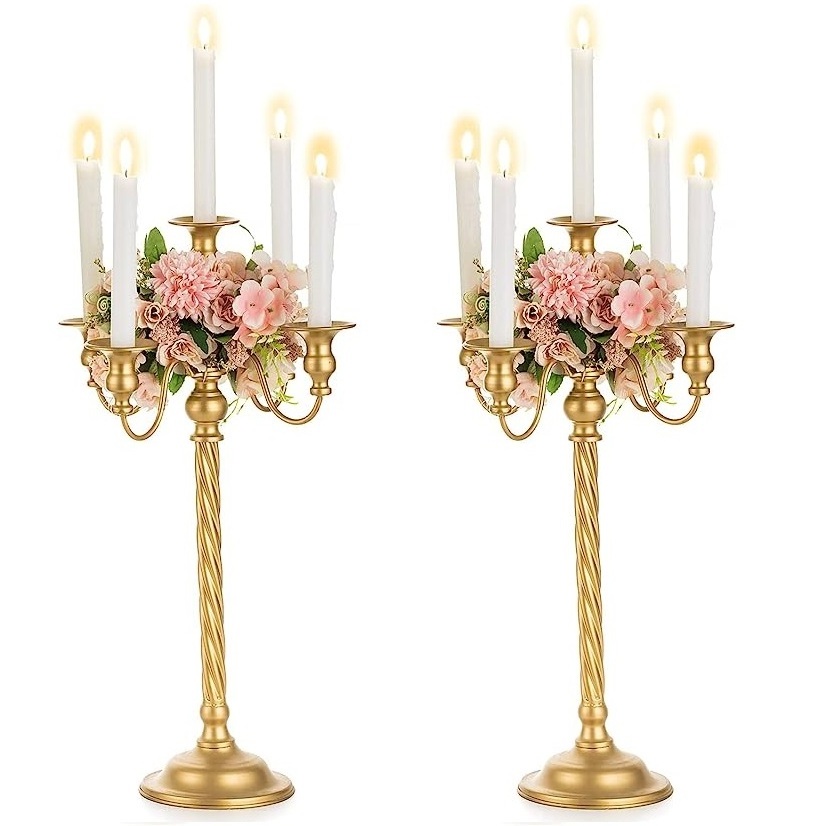 Gold Finished Large Candle Holder Best Design 5 Arms Metal Candelabra For Hotel & Banquets WIth Standard Quality Candle Holder