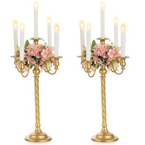 Gold Finished Large Candle Holder Best Design 5 Arms Metal Candelabra For Hotel & Banquets WIth Standard Quality Candle Holder