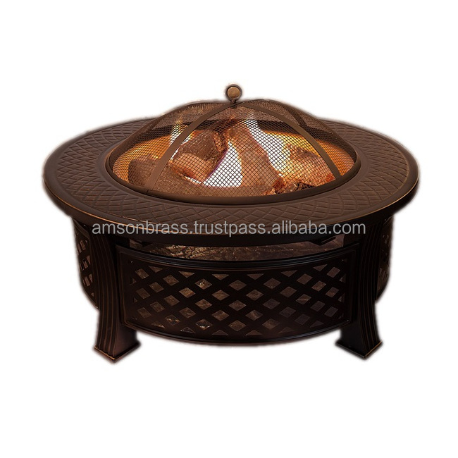 Modern Metal Alloy Round Fire Pit Fire Pit for Home Garden Metal Iron Fire Pit with Mesh Cover & Swivel Handle