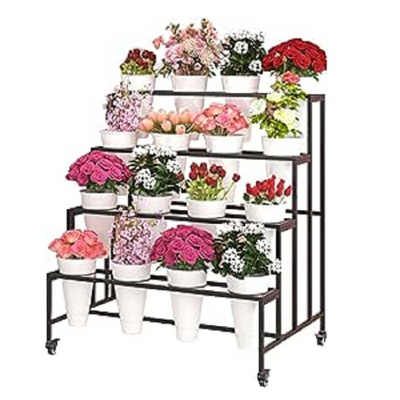 Metal Flower Display Stand with 16 Flower Buckets 4 Tier Plant Stand with 4 Wheels Cart for Indoor Outdoor Planter with Stand