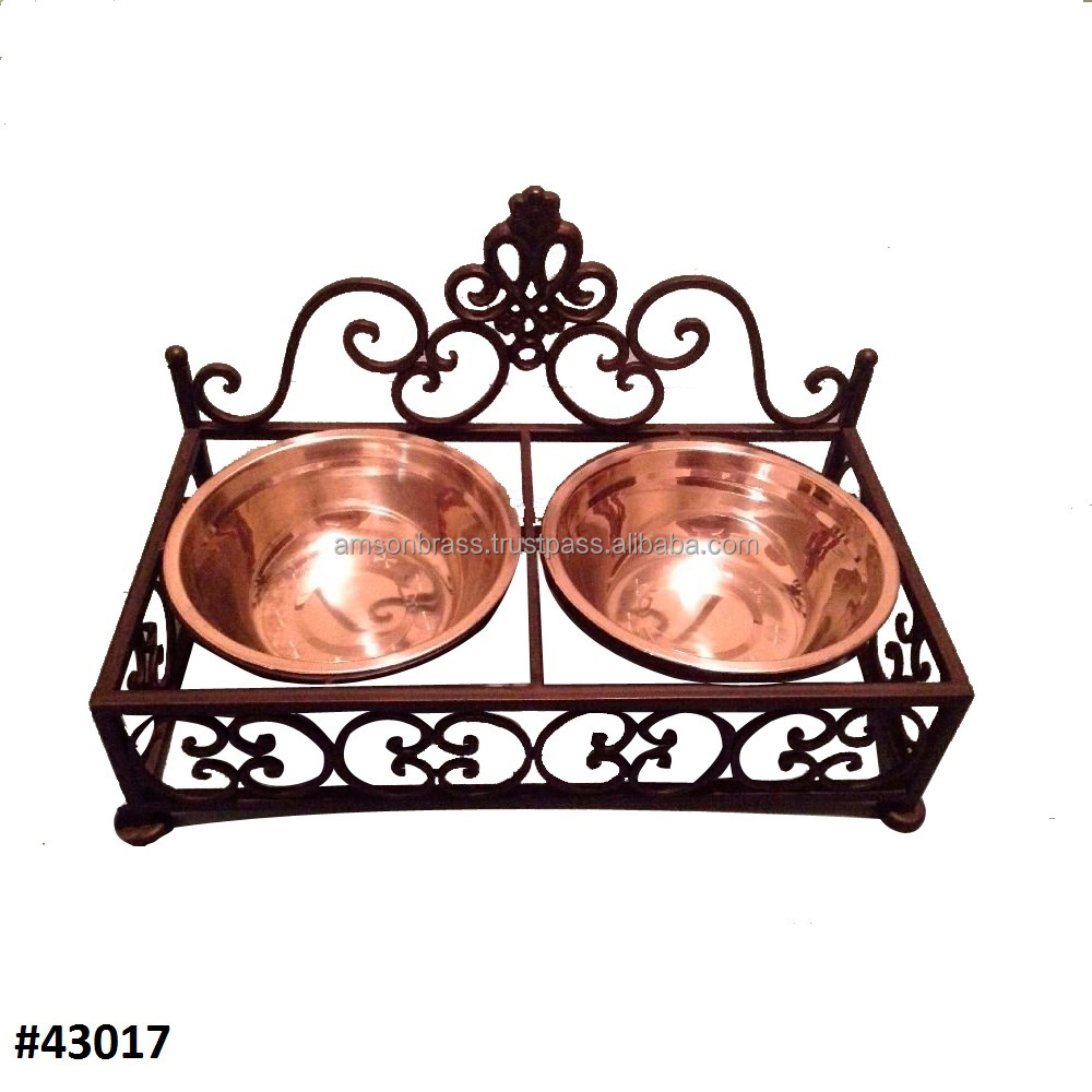 Decorative Royal Stand Round White Bowl Double Dog Bowl Wrought Iron Decorative Metal Dog Bowl with Powder Coated Finished