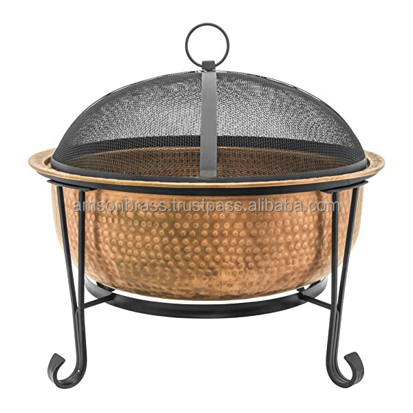 Table Fire Pit Round Hammered Copper Bowl Outdoor Fire Pit Bowl Garden Heater with Mesh Lid