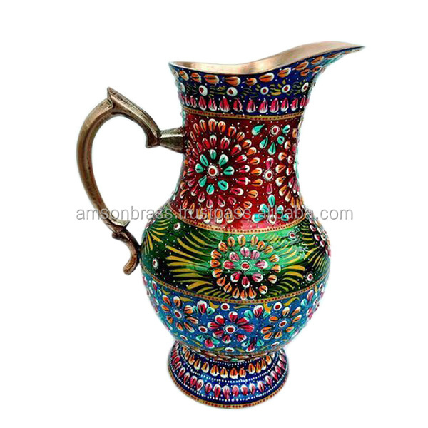 Copper Pitcher Wedding Gift Decorative Printed Design Metal Copper Pitcher with Lid Enamel Printed Water Jug