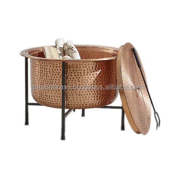 Table Fire Pit Round Hammered Copper Bowl Outdoor Fire Pit Bowl Garden Heater with Mesh Lid