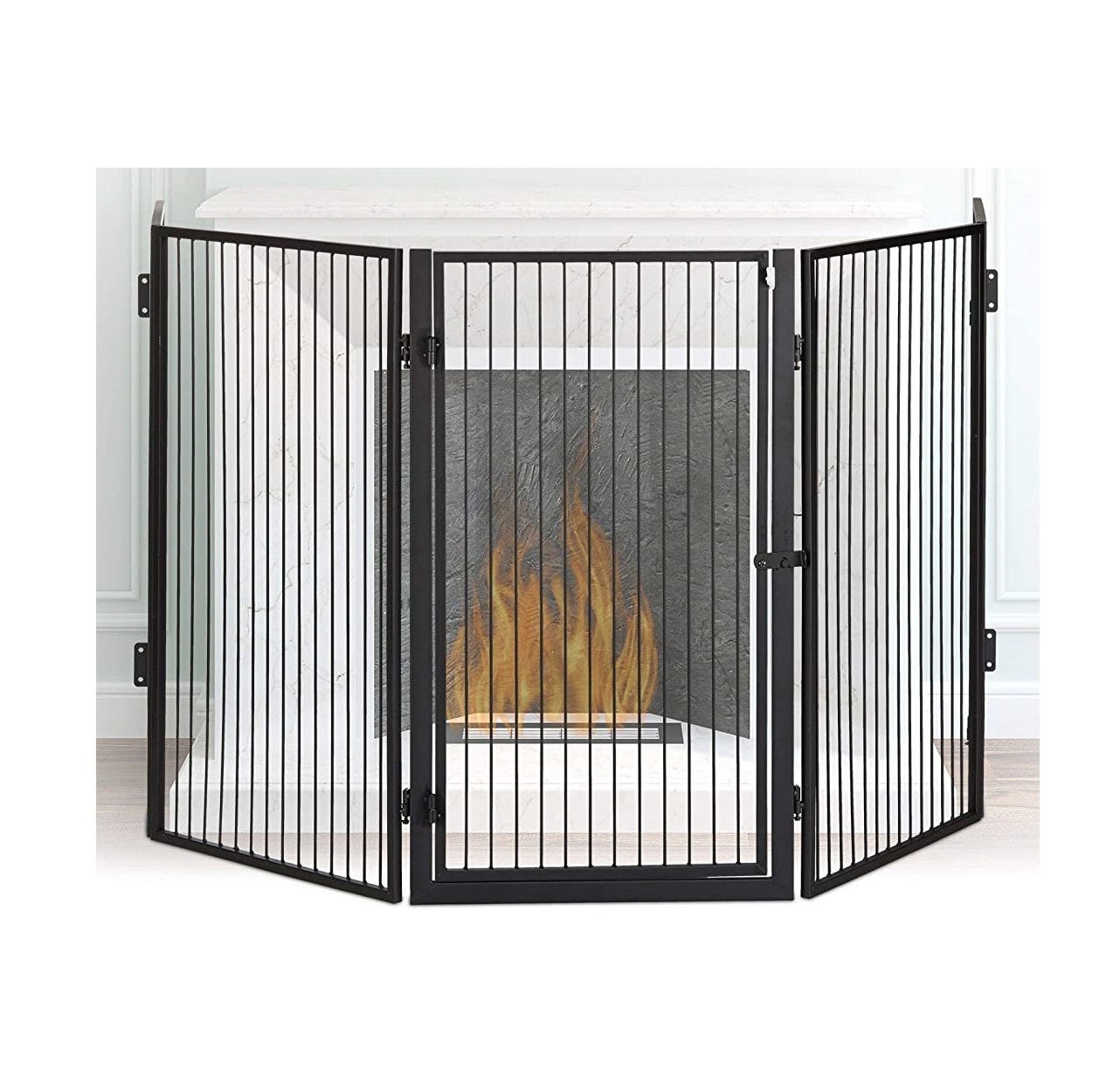 Wrought Iron Fireplace Screen with Mesh Gold Leaf Design Fire Guard Screens for Firewood Burning Fireplace and Stove