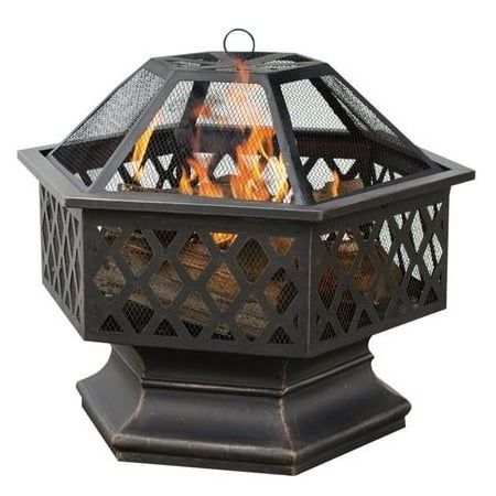 Outdoor Camping or Backyard Round  Attractive Bronze Finished Fire Pit with Spark Screen Log Poker and Metal Wood Grate