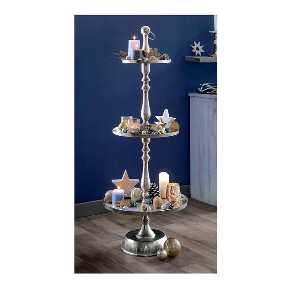 Metal Aluminium 3 Tier Footed Cake Stand  Silver Antique Finished Decorative Round Shape Christmas Shelf Tower