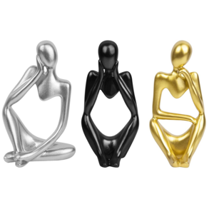 Nordic Style Abstract Figure Sculpture Sitting Pose Office Table Decoration S/3 Human Statue With Black/Gold & Silver Finishing