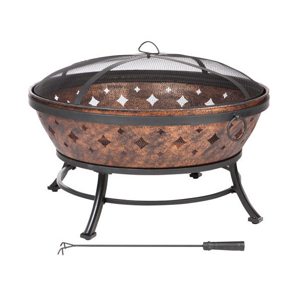 Metal Fire Pit with Mesh Cover and Stand Foldable Copper Fire Pit Metal Solid Perforated Design Decorative Round Shape