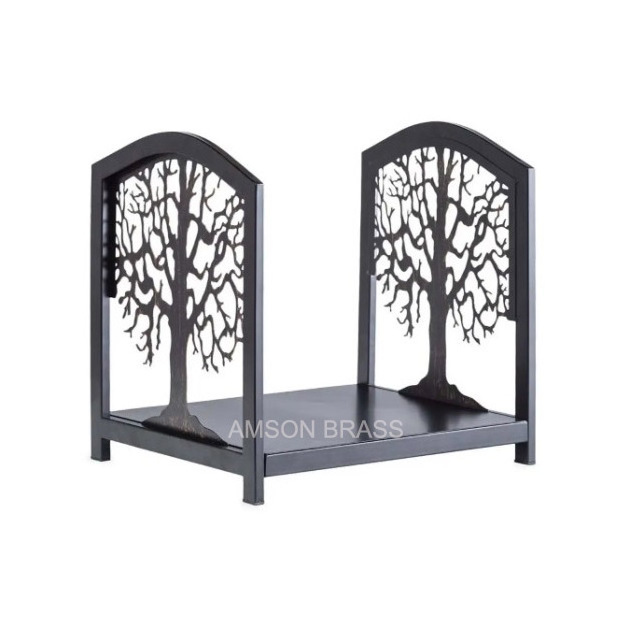 Greatest Quality Metal Firepit Rack With Simple Design Black Color Acacia Wood Holder Log Rack For Garden Accessories