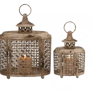 2023 Decorative lanterns Vintage Hanging Lantern Metal Rustic Candle Holder SET OF 2 Metal Lantern Events Parities and Weddings