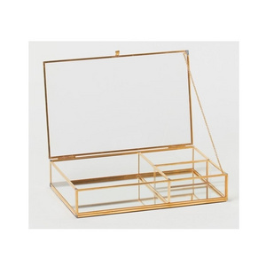 Home Decorative Transparent Clear Makeup Trinket Box Metal Cosmetic Jewelry Box Storage Gift Case Gold Glass Display Box