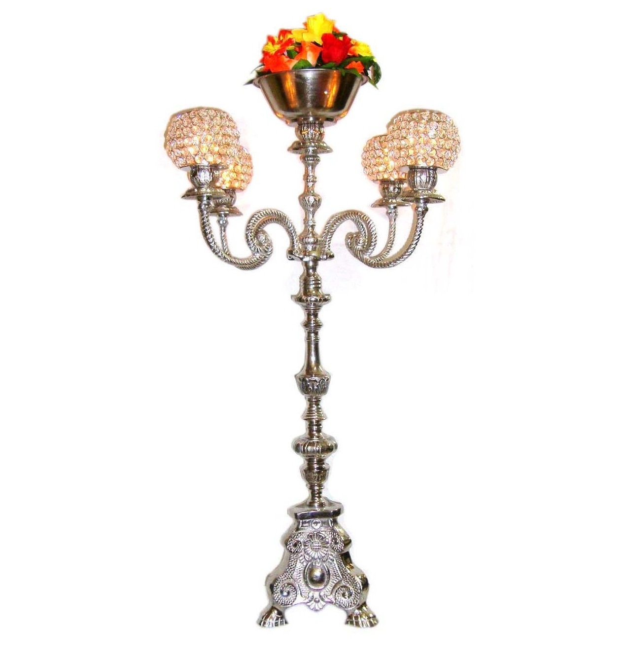 Top sale umbrella design baroque tripod base candelabra with hanging crystal votives balls candle holder for hotel & restaurant