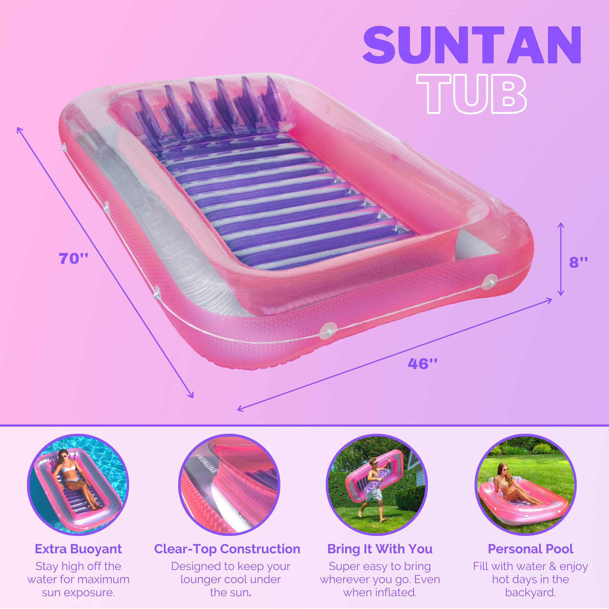 Original Suntan Tub Classic Edition Inflatable Floating Lounger Pink, Tanning Pool Hybrid Lounge, Comfort Pillow