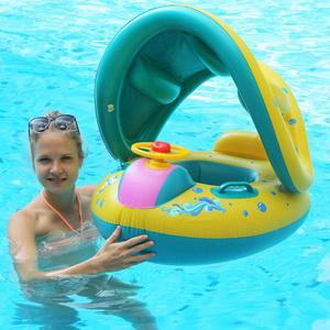 Inflatable Baby Swimming Pool Floats with Removable Sun Protection Canopy, Toddler Float with Seat and Handle with Hand Pump