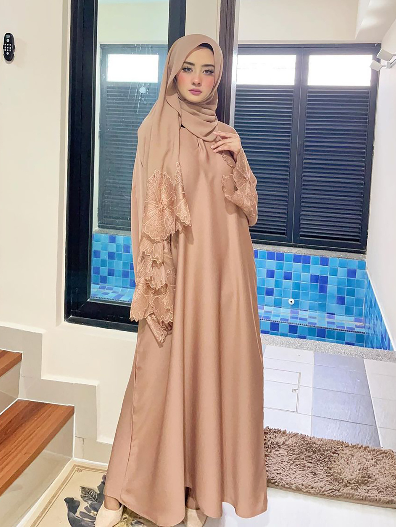 9804 pink thobe Middle East Muslim Women's Clothing Women's Robe Dress with Hijab Premium Elegant Lace Embroidered Women's Robe