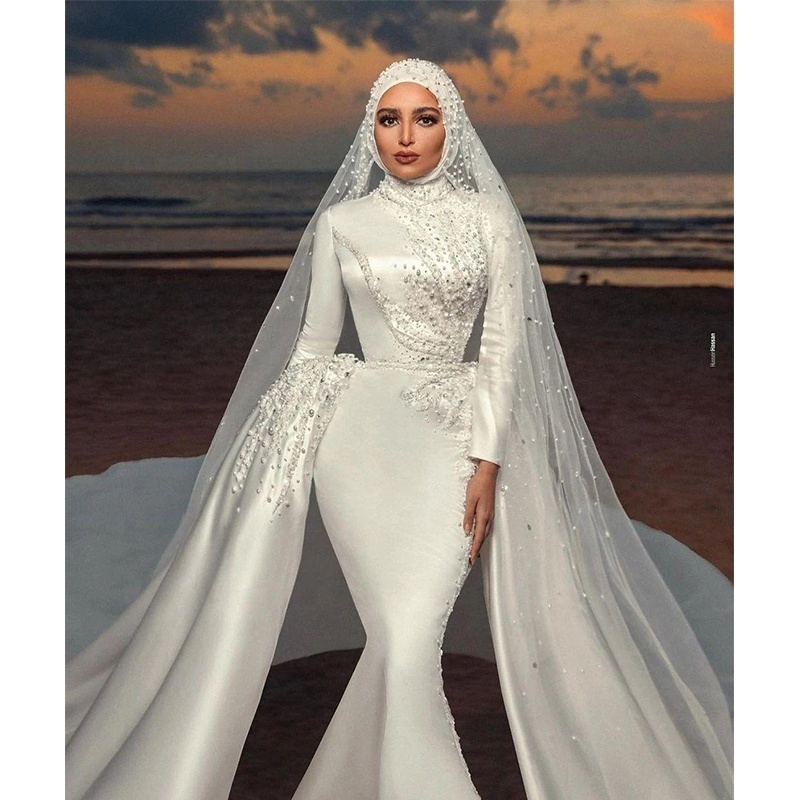 7023 hot products pearls mermaid muslim wedding dresses with detachable train beaded high neck long sleeves bridal gowns satin r