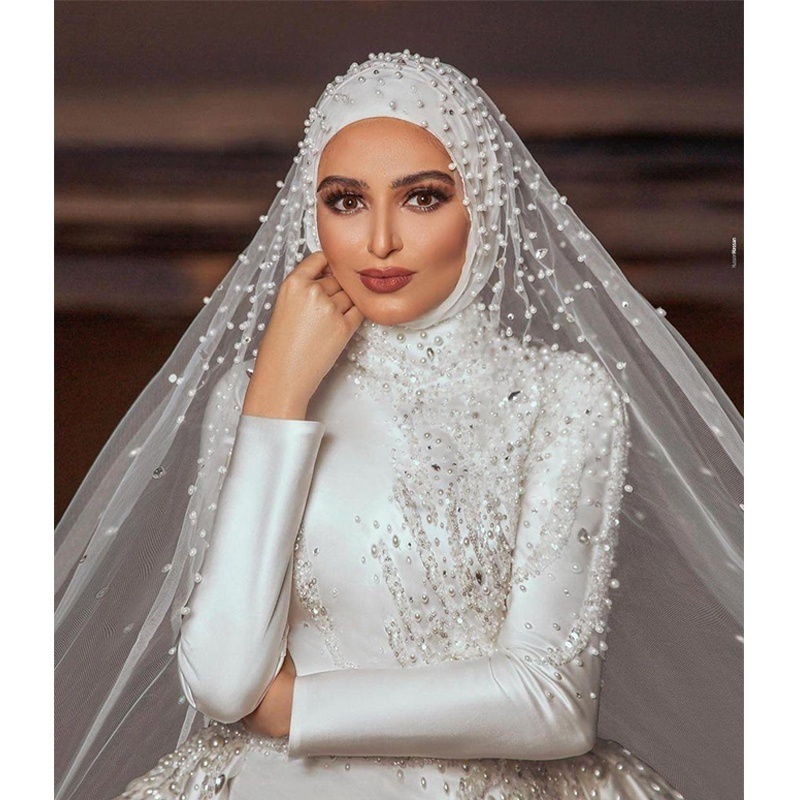 7023 hot products pearls mermaid muslim wedding dresses with detachable train beaded high neck long sleeves bridal gowns satin r