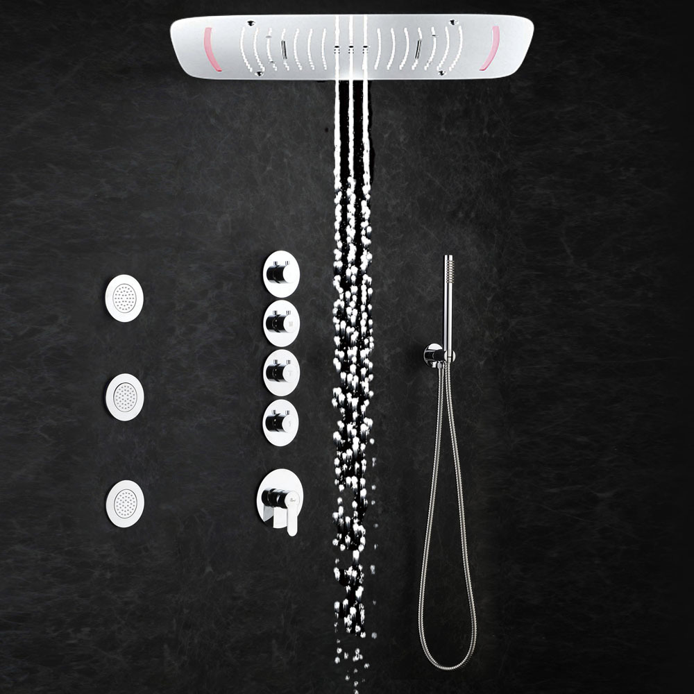 Bathroom 680x430mm Ceiling LED Shower Faucet Set Stainless steel Rain Shower head Thermostatic valve Diverter With Body Jets