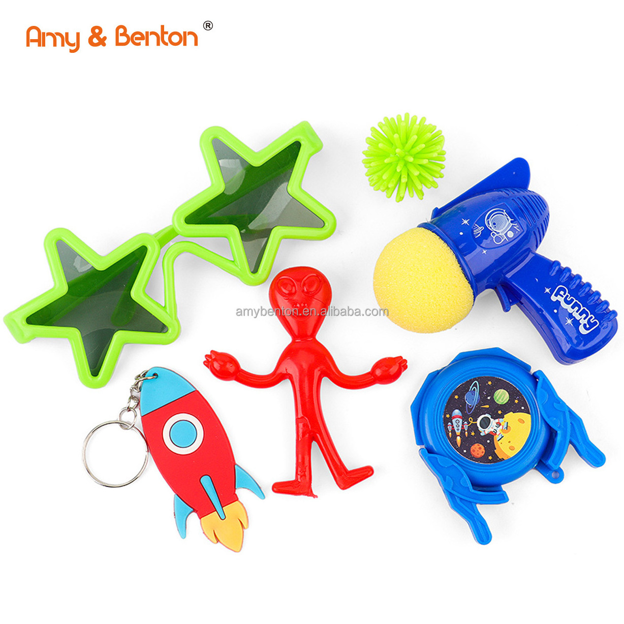 Space Party Favors Toys Sets TPR Alien Airship Keychain Space Sponge Poppers Pom Pom Ball Disc Shooter for Kids