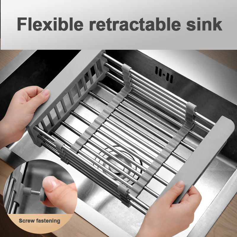 Adjustable Sink Drain Basket Kitchen Organizer Rustproof Scalable Stainless Steel Over Sink Extendable Dish Rack Dish Drainers