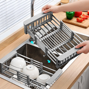 Adjustable Sink Drain Basket Kitchen Organizer Rustproof Scalable Stainless Steel Over Sink Extendable Dish Rack Dish Drainers