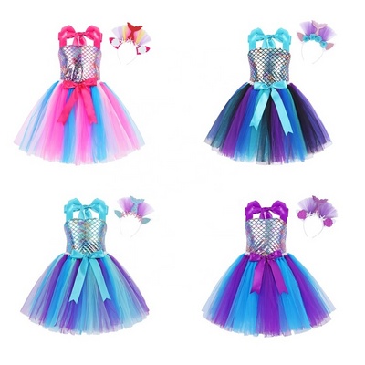 Halloween Cosplay Costumes Little Mermaid Girl Mesh Dress Party Wedding Rainbow Halter Tutu Dress Baby Girls' Dresses