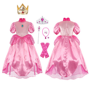 Carnival Peach Cosplay Baby Girls Party Christmas Super Brother Cartoon Halloween Pink Princess Peach Dress Costumes with Crown