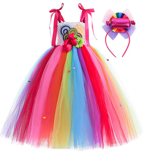 Purim Girl's Rainbow Candy Costume Kids Cosplay Lollipop Print Princess Dresses With Lollipop Wand Birthday Party Clothes 3-12Y