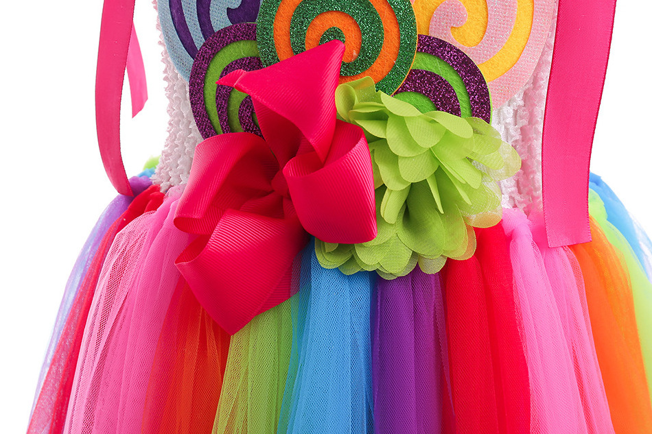 Purim Girl's Rainbow Candy Costume Kids Cosplay Lollipop Print Princess Dresses With Lollipop Wand Birthday Party Clothes 3-12Y