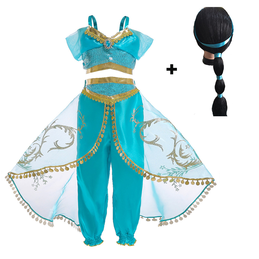 2022 Princess Jasmine Costume Girls Aladdin Cosplay Party Clothing Kids Birthday Halloween Performance Outfit with Accessories