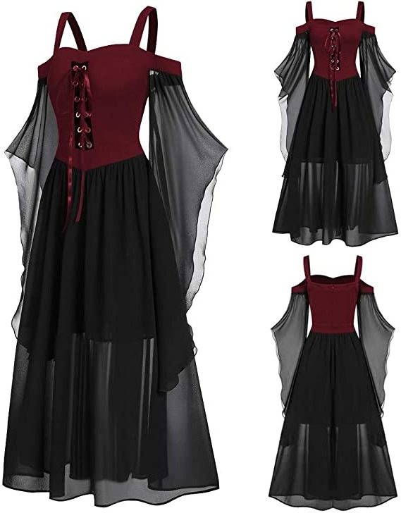 Fashion Witch Cosplay Halloween Costume Plus Size  Adult Off Shoulder Lady Dress Flying Sleeve Sexy Mesh Women Dresses