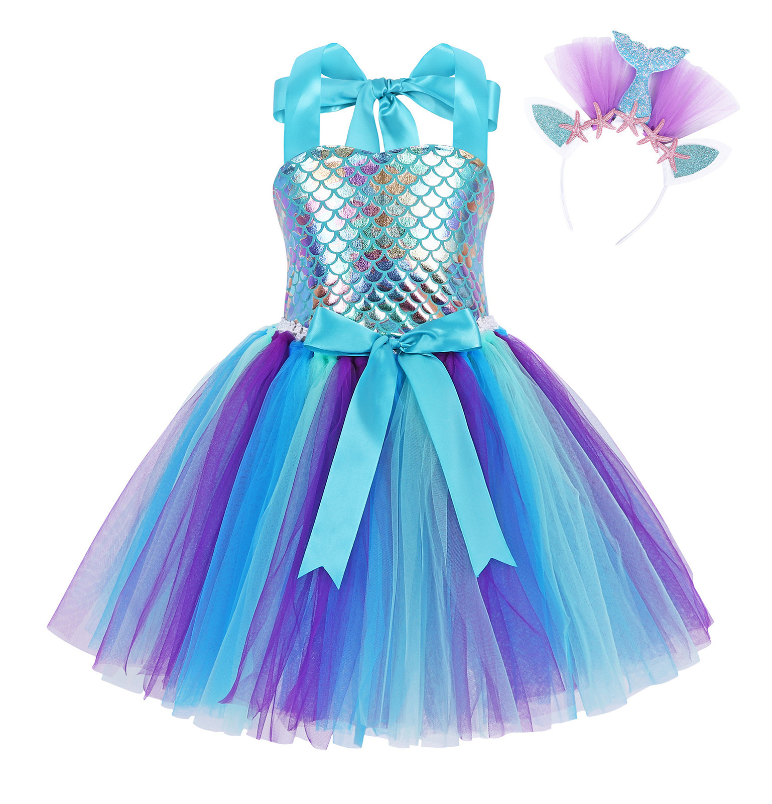 Halloween Cosplay Costumes Little Mermaid Girl Mesh Dress Party Wedding Rainbow Halter Tutu Dress Baby Girls' Dresses