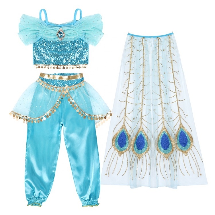 Girls Kids Princess Jasmine Dress up Costume Crop Tops Trousers Outfits Clothing Sets Off Shoulder Sequins Cosplay Fancy Dress