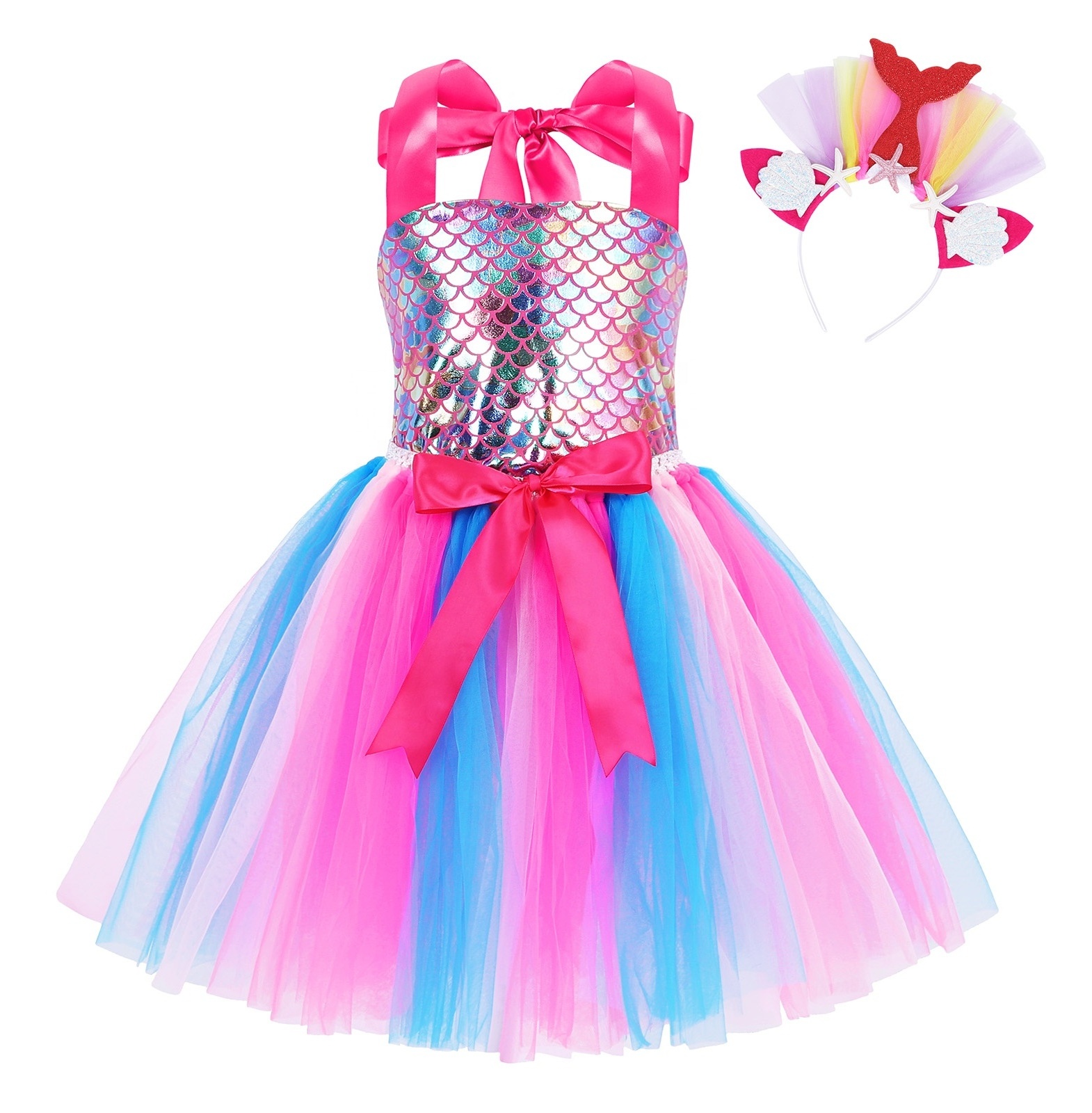 Halloween Cosplay Costumes Little Mermaid Girl Mesh Dress Party Wedding Rainbow Halter Tutu Dress Baby Girls' Dresses