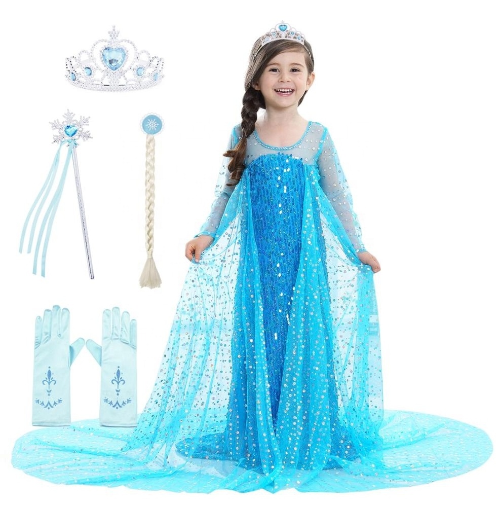 Girl Elsa Dress Crown Gloves Magic Wand Accessories Lace Long Tail Sequin Hem Long Sleeve Kids Cosplay Princess Party Costume