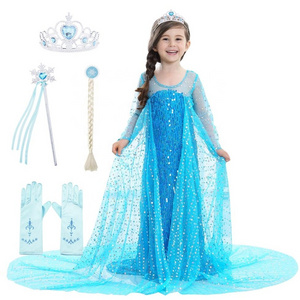 Girl Elsa Dress Crown Gloves Magic Wand Accessories Lace Long Tail Sequin Hem Long Sleeve Kids Cosplay Princess Party Costume