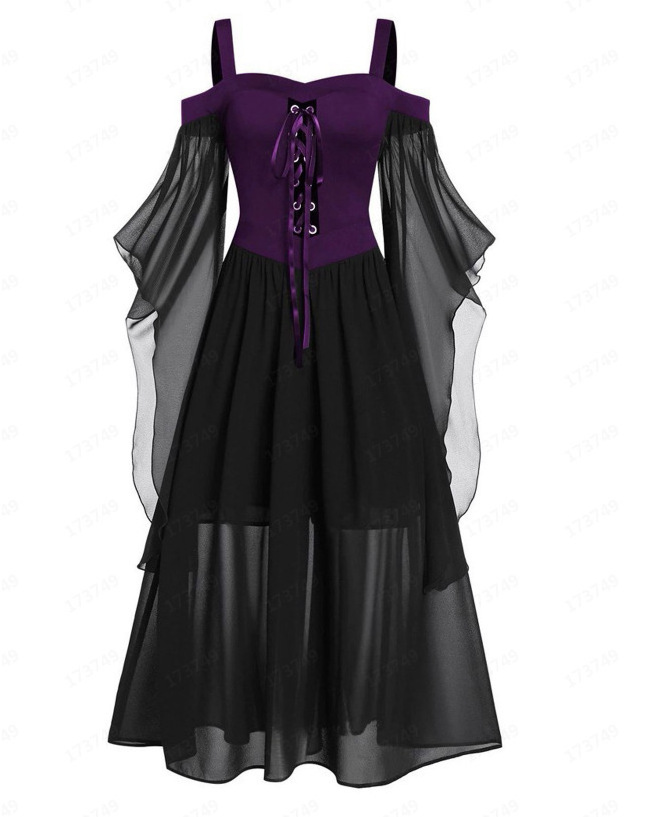 Fashion Witch Cosplay Halloween Costume Plus Size  Adult Off Shoulder Lady Dress Flying Sleeve Sexy Mesh Women Dresses