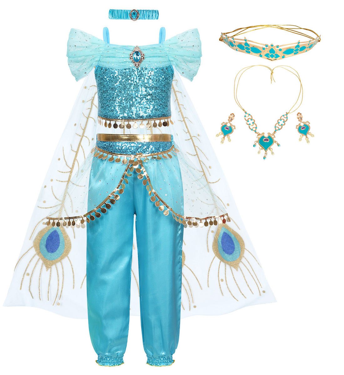 Girls Kids Princess Jasmine Dress up Costume Crop Tops Trousers Outfits Clothing Sets Off Shoulder Sequins Cosplay Fancy Dress