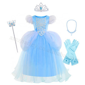 Wholesale Kids Movie Role Play Princess Dress Carnival Girls Cartoon Children Halloween Cosplay  Blue Princess Costumes