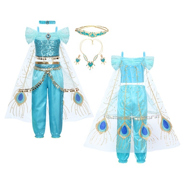 Girls Kids Princess Jasmine Dress up Costume Crop Tops Trousers Outfits Clothing Sets Off Shoulder Sequins Cosplay Fancy Dress