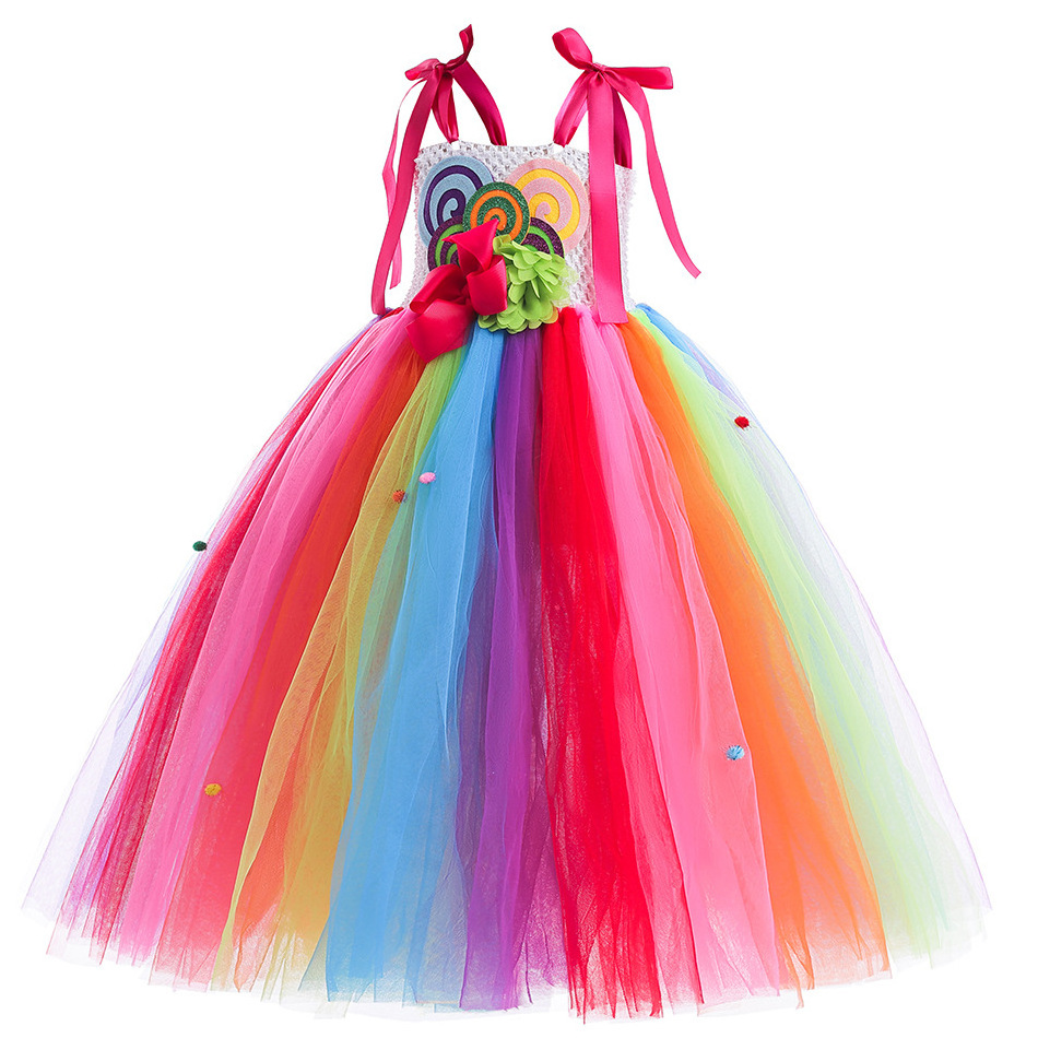 Purim Girl's Rainbow Candy Costume Kids Cosplay Lollipop Print Princess Dresses With Lollipop Wand Birthday Party Clothes 3-12Y