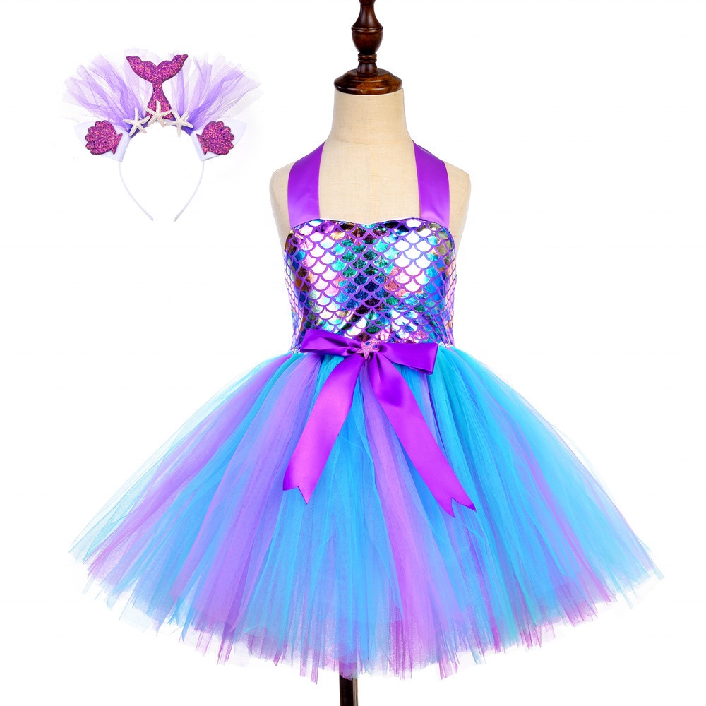 Halloween Cosplay Costumes Little Mermaid Girl Mesh Dress Party Wedding Rainbow Halter Tutu Dress Baby Girls' Dresses