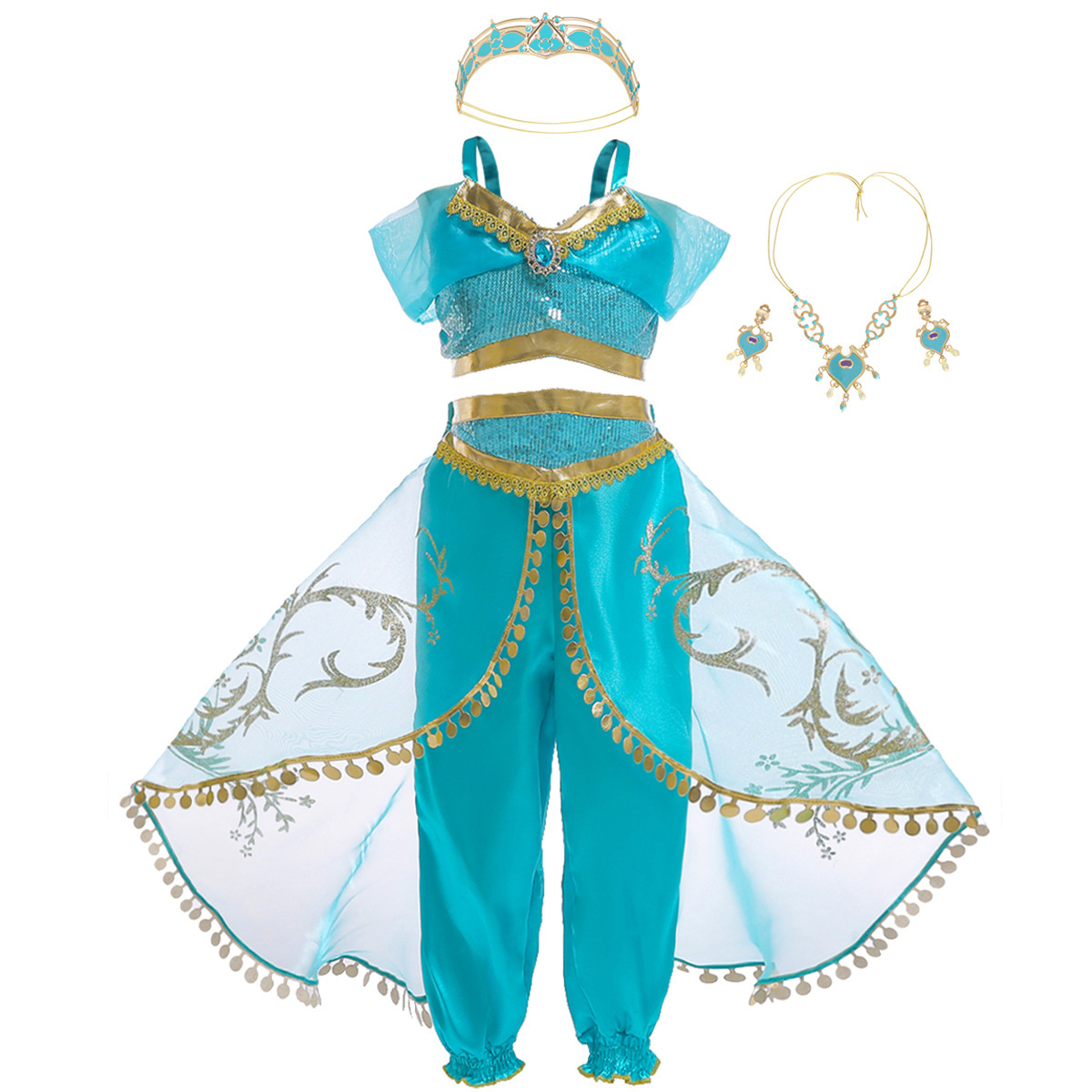 2022 Princess Jasmine Costume Girls Aladdin Cosplay Party Clothing Kids Birthday Halloween Performance Outfit with Accessories