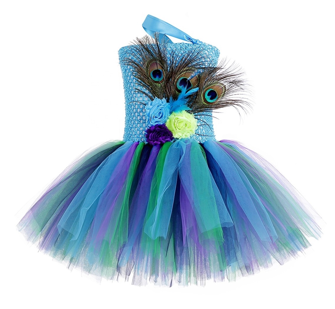 Factory Price Peacock Party Dress for Kids Girls Princess One Shoulder Tulle Tutu Skirt Costume Dressing up Dance Performance