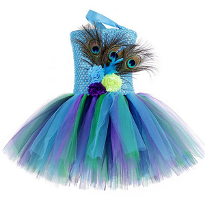 Factory Price Peacock Party Dress for Kids Girls Princess One Shoulder Tulle Tutu Skirt Costume Dressing up Dance Performance