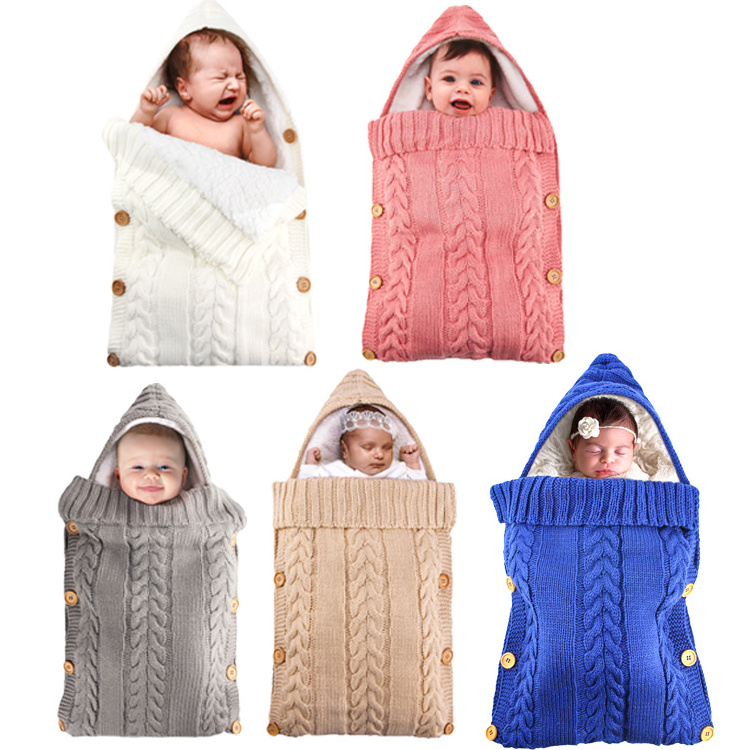 Hot Sale Newborn Swaddle Wrap Cute Solid Color Knit Nursery Baby sleeping Bag Breathable Baby Winter Sleep Blankets with Button