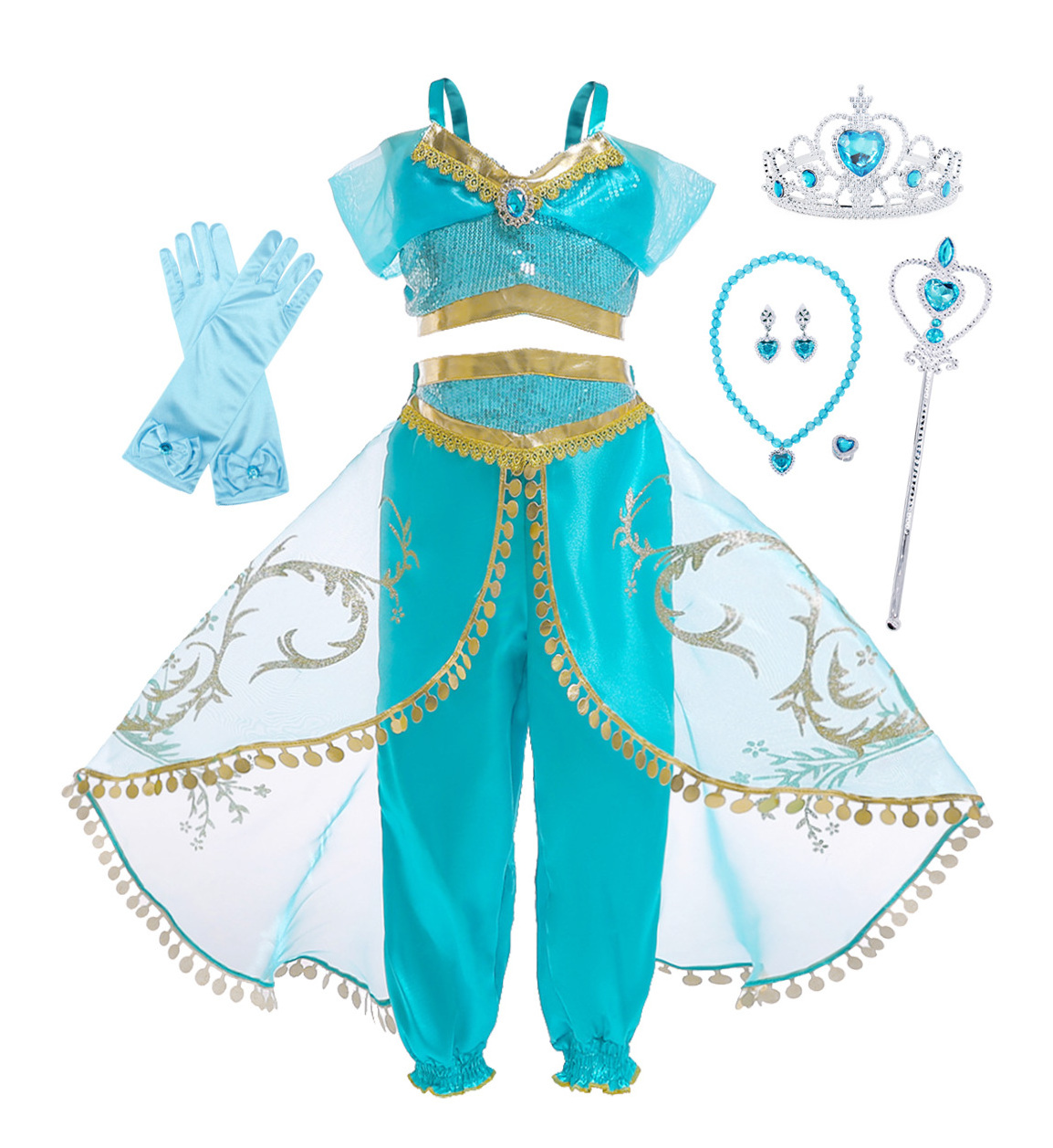 2022 Princess Jasmine Costume Girls Aladdin Cosplay Party Clothing Kids Birthday Halloween Performance Outfit with Accessories